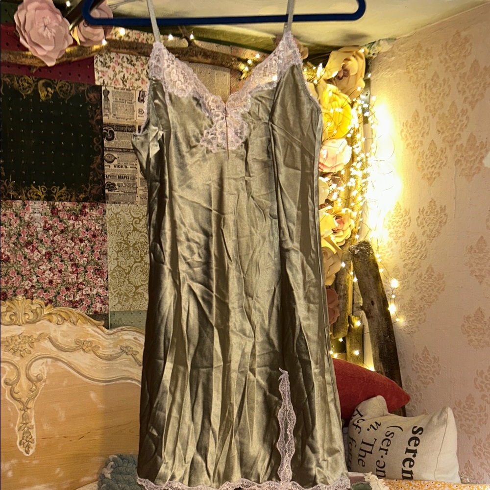 Victoria's Secret Olive Satin Slip with Lace Trim